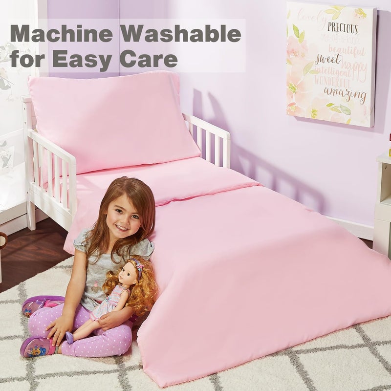 EVERYDAY KIDS 4 Piece Toddler Bedding Set - Includes Comforter, Flat Sheet, Fitted Sheet and Reversible Pillowcase - Solid Pink - Image 2
